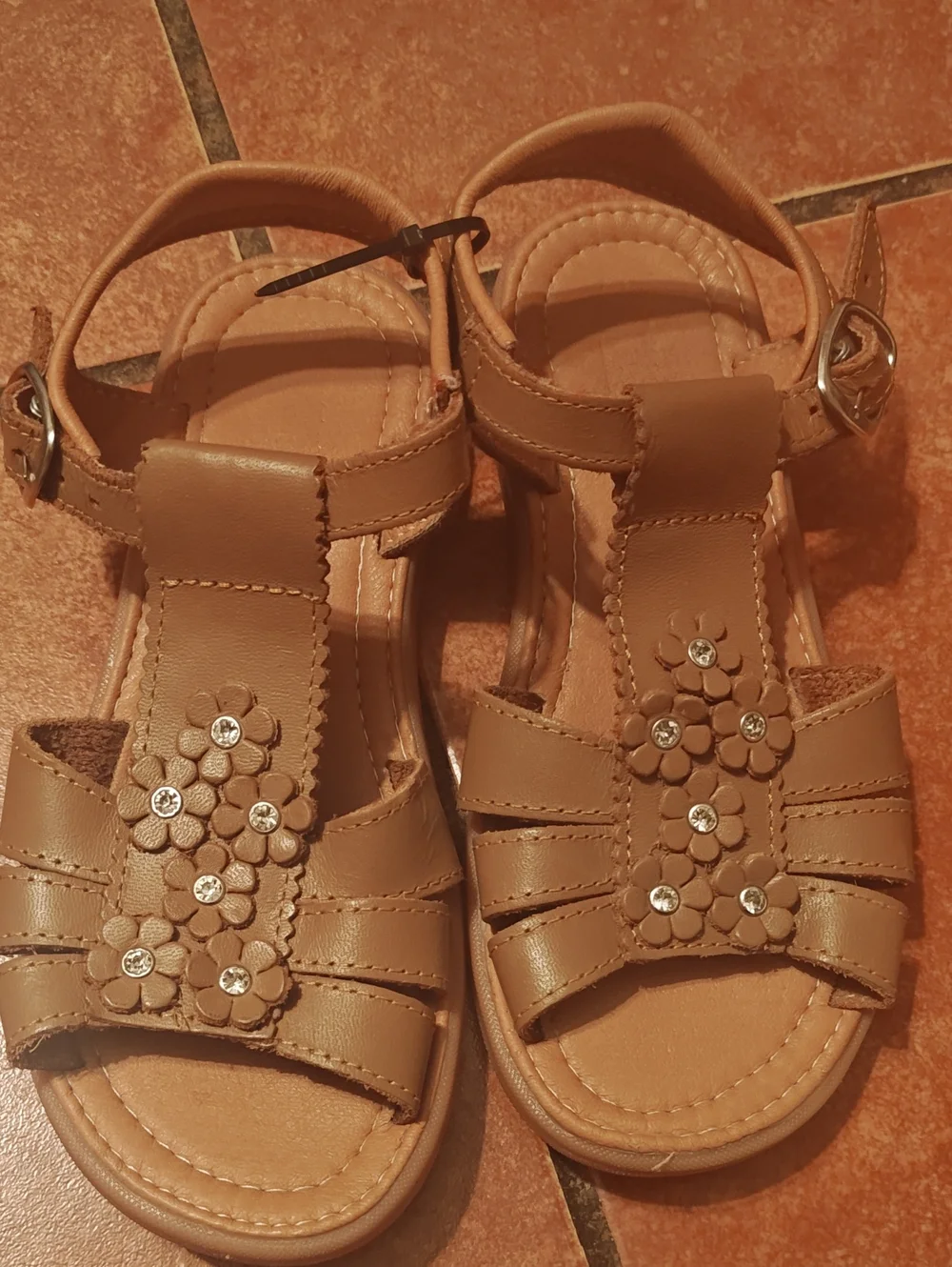 Kids Tan Floral T-Strap Sandals